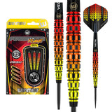 Firestorm Flame 2 90% tungsten darts in packaging and close-up on grip rings, steel tip, and geometric flights, isolated on white background