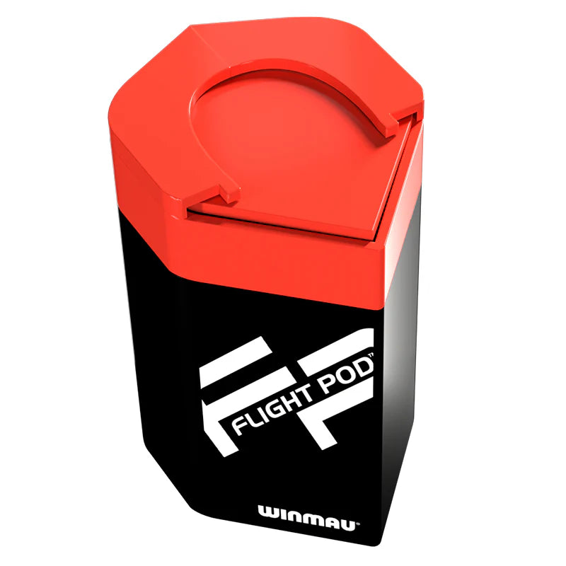 Angled view of dart flight pod with red spring-loaded lid, black body, isolated on white background for flight storage