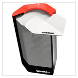 Angled top-down view of dart flight pod dispenser holding multiple flights, spring-loaded design with one flight partially dispensed