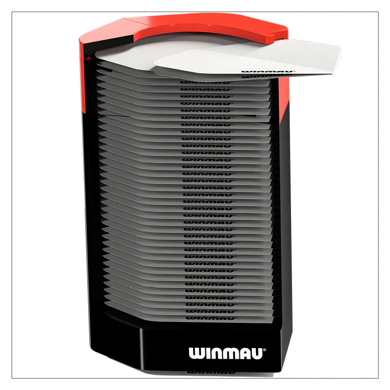 Angled view of dart flight pod displaying stacked dart flights with one flight partially popped out for easy access