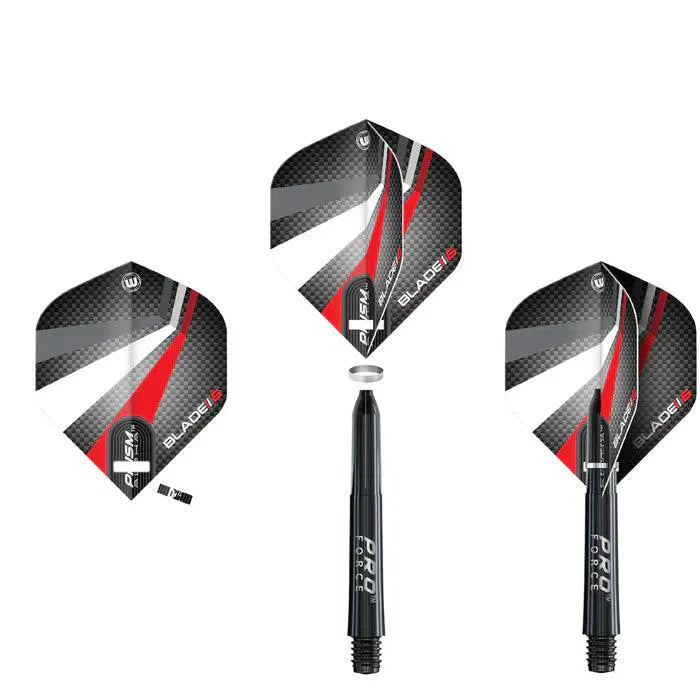 Dart flights and shafts assembly sequence with punched holes, isolated on white, showing flight punch dart accessory use