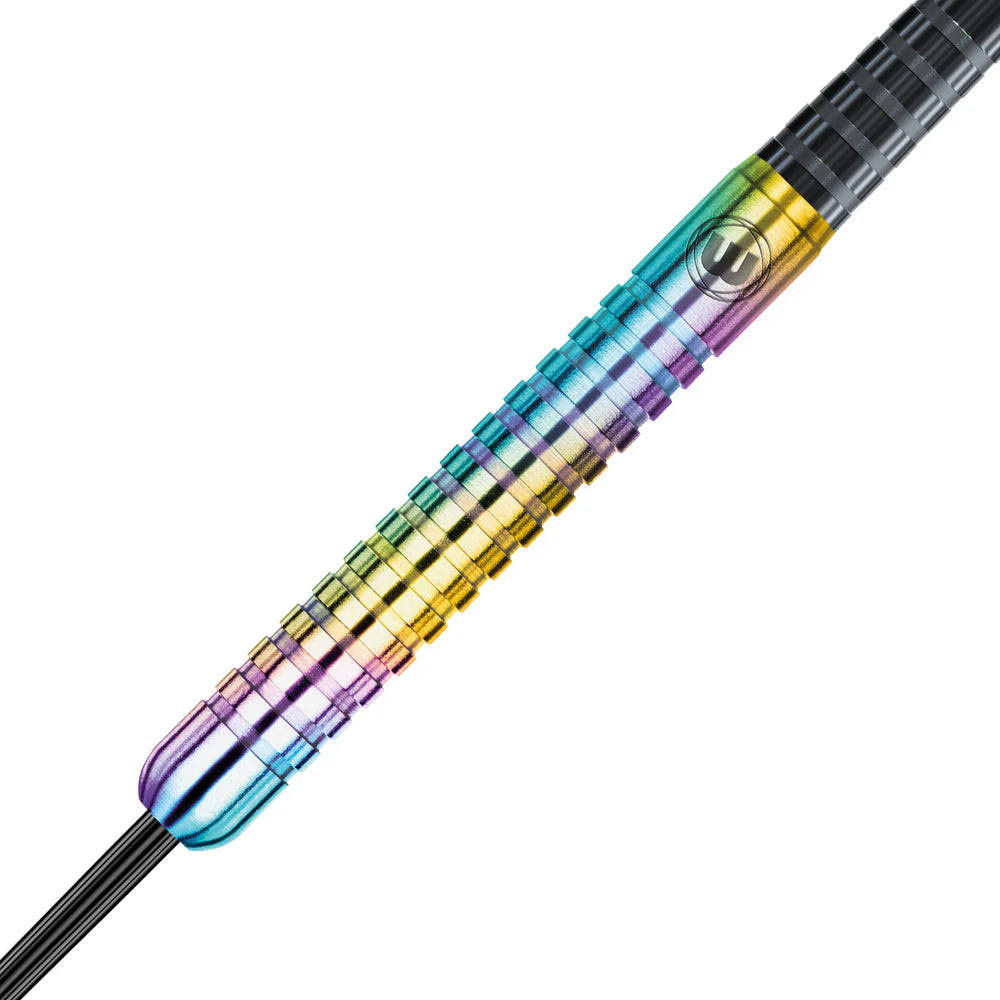 Close-up of 80% tungsten dart barrel with rainbow titanium coating and precision grooved grip, isolated on white background
