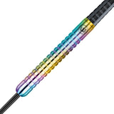 Close-up of 80% tungsten dart barrel with rainbow titanium coating and precision grooved grip, isolated on white background