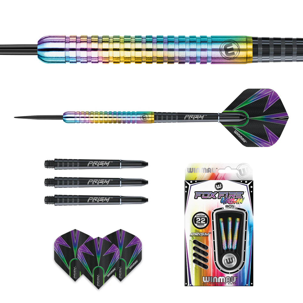 Foxtire Urban 80 tungsten darts set with rainbow grooved barrel, close-up grip texture, spare shafts, flights, packaging on white