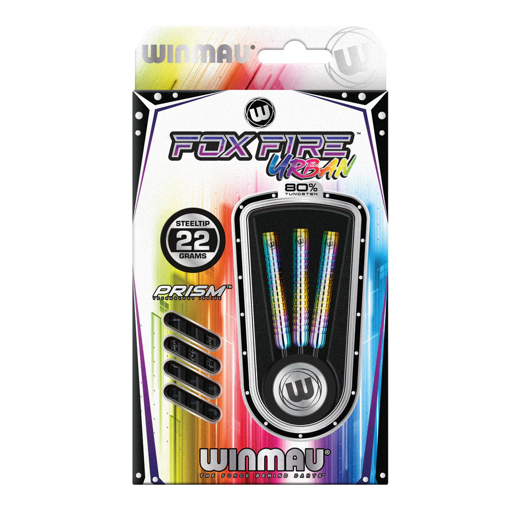 Steeltip tungsten darts set in retail packaging, rainbow barrel grip, 22 grams weight, three darts plus spare shafts displayed