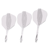 Three clear No.6 dart flights with integrated shafts displayed side by side on white background, highlighting Fusion system and flight shape.