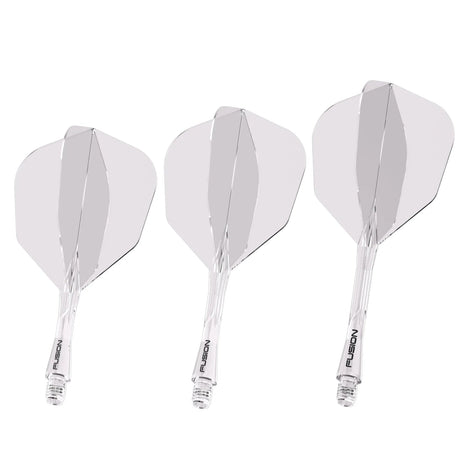 Three clear No.6 dart flights with integrated shafts displayed side by side on white background, highlighting Fusion system and flight shape.