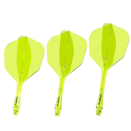Three yellow Fusion No.6 dart flights with shafts displayed side by side on white background highlighting integrated design