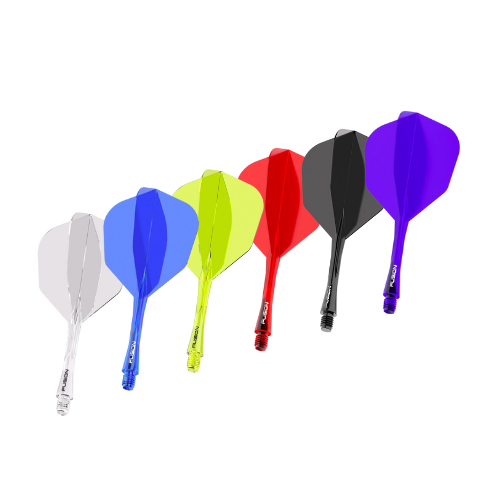 Six No.6 dart flights with integrated shafts in assorted colors, arranged side by side on white background, showcasing fusion flight system options
