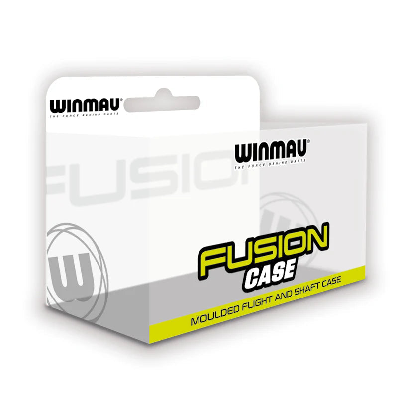 Fusion moulded dart flight and shaft case retail packaging, isolated on white, showcasing branded design for dart accessories