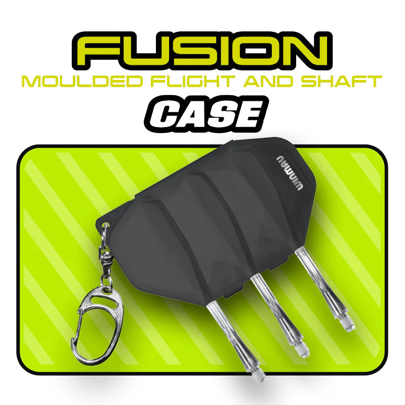 Angled shot of moulded dart flight and shaft case with carabiner, showing three storage slots on a bright display background