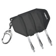Black moulded flight and shaft case for darts with metal carabiner, full product view on white background showing dart shaft storage feature