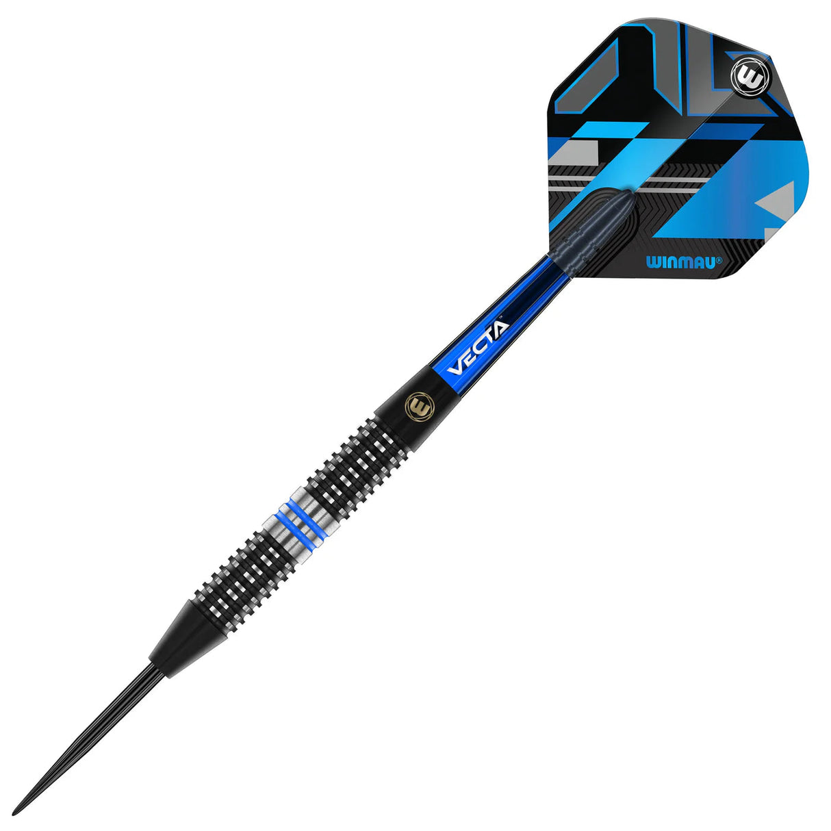 Angled full view of tungsten dart with knurled barrel grip, blue accents, Vecta shaft, and geometric black-blue flight isolated on white