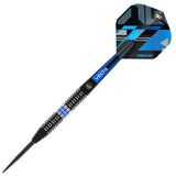 Angled full view of tungsten dart with knurled barrel grip, blue accents, Vecta shaft, and geometric black-blue flight isolated on white