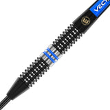 Close-up dart barrel isolated on white, showcasing knurled grip pattern and blue rings for precision tungsten darts