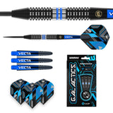 Galactics 90% tungsten darts set with full dart view, spare Vecta stems, extra flights, and retail packaging on white background