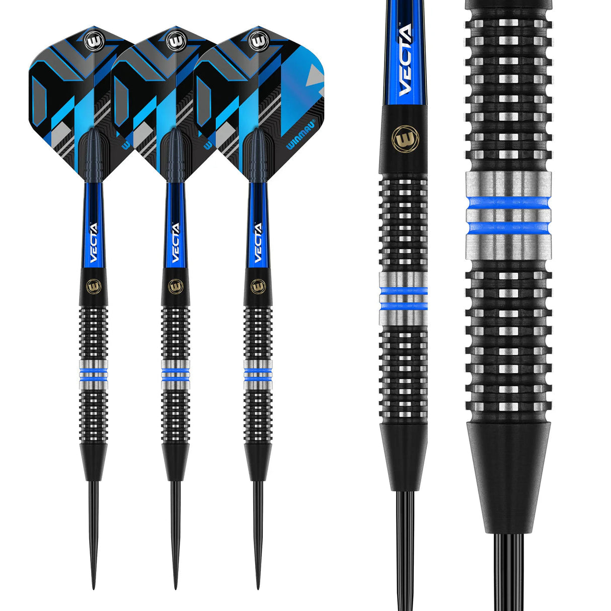 Three tungsten darts with blue flights and close-up of knurled grip barrel, blue rings, and steel tip, isolated on white background