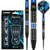 Steel-tip tungsten darts in retail packaging with close-up on knurled barrel grip, blue rings, black shafts, and angular blue patterned flights