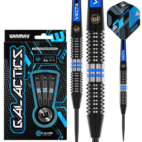 Steel-tip tungsten darts in retail packaging with close-up on knurled barrel grip, blue rings, black shafts, and angular blue patterned flights