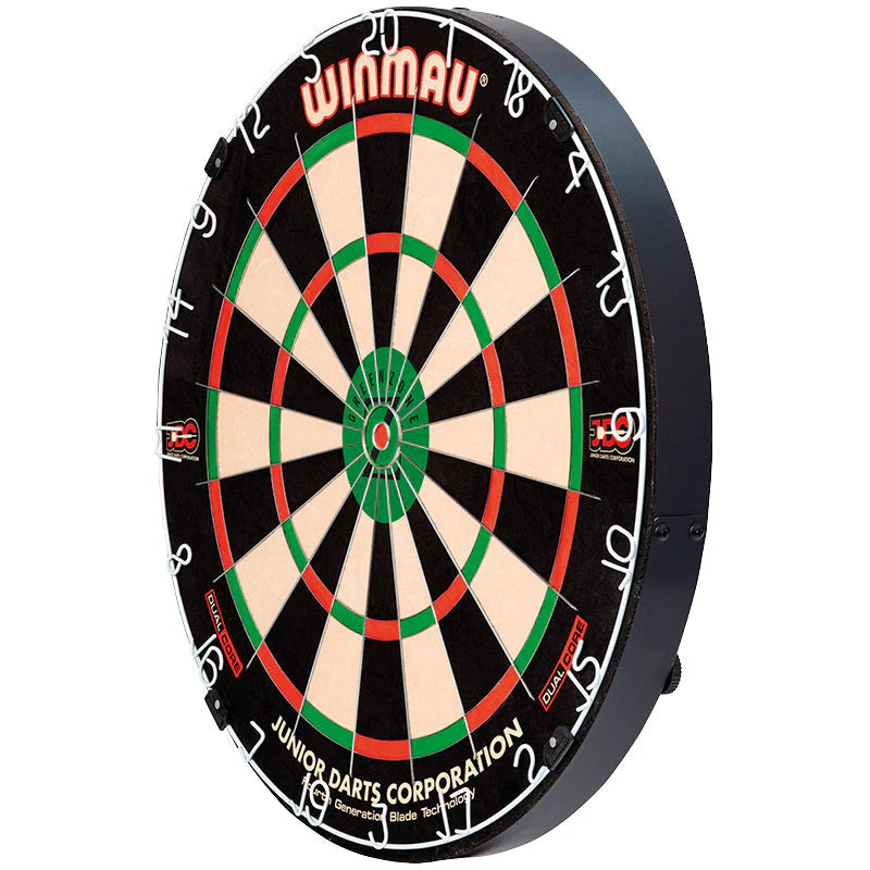 Angled view dartboard with dual core, vibrant green and red scoring zones, visible thin wiring and depth profile