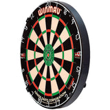 Angled view dartboard with dual core, vibrant green and red scoring zones, visible thin wiring and depth profile