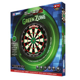 Angled packaging view of Green Zone Blade Dual Core dartboard showing dartboard design and key dart equipment features for youth play