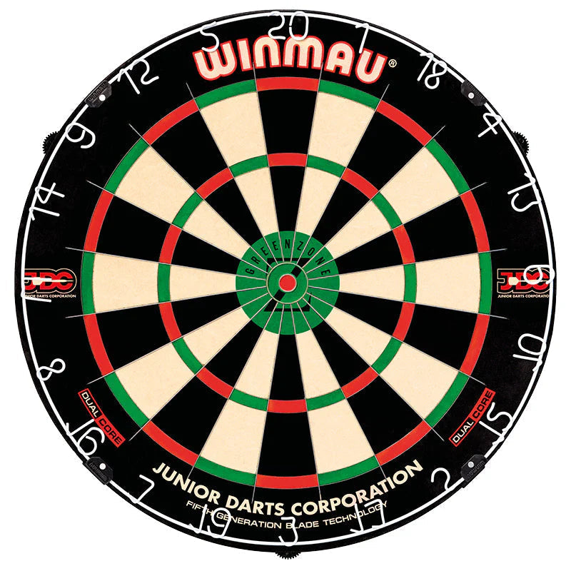 Top-down full view of Green Zone Blade Dual Core dartboard, clear segment colors and wiring, isolated on white background