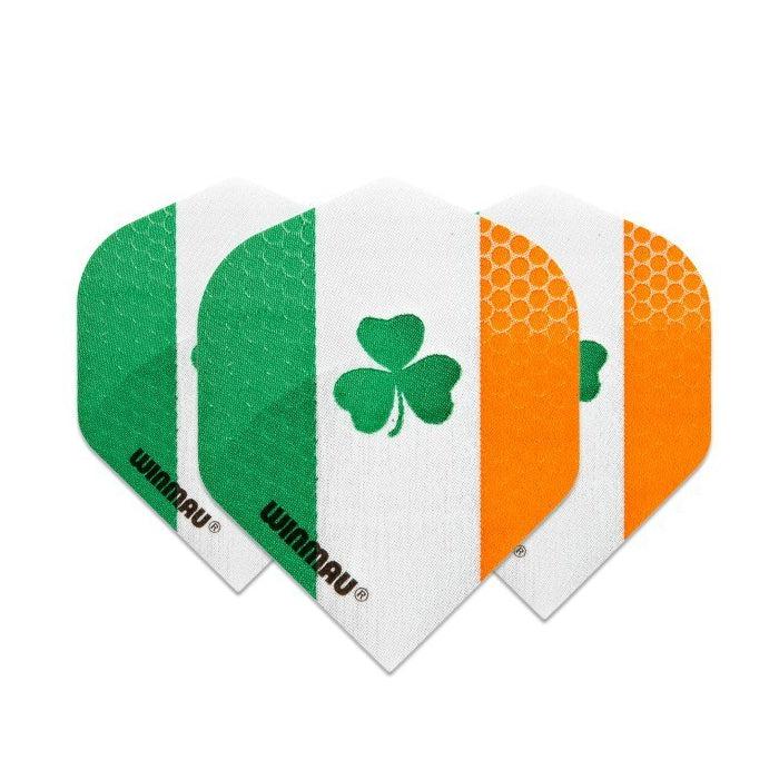 Three Ireland-themed dart flights in green, white, and orange with shamrock design, textured pattern, standard shape, isolated on white