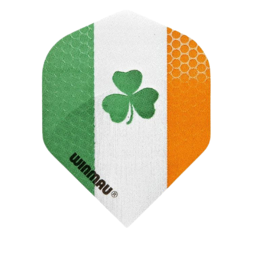 Ireland dart flight macro shot with shamrock design, green white orange colors, hex texture, isolated on white for dart accessories