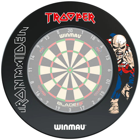 Full view of Iron Maiden Trooper dartboard surround with bold graphics around dartboard, protective ring for darts, isolated on white
