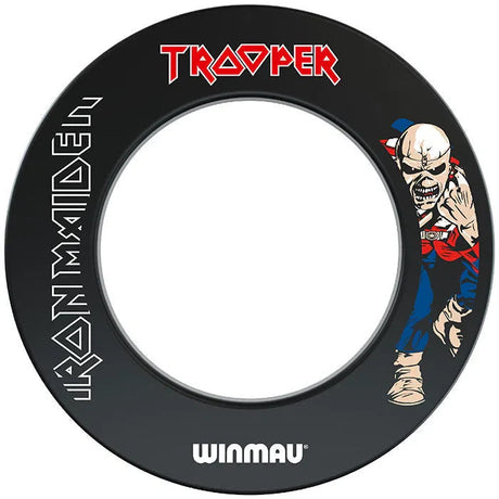 Full front view of Iron Maiden Trooper dartboard surround ring, bold graphics and mascot design, isolated on white background.