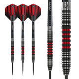 Three 90% tungsten darts with red and black flights and a macro close-up of the precision grip barrel showing detailed ringed texture