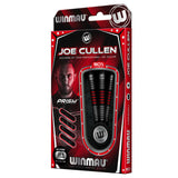 Angled full packaging view of 90% tungsten steel tip darts set, three darts displayed with black and red barrel grip in retail box