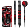 Joe Cullen 90% tungsten darts set in retail packaging and isolated on white, showing precise grip rings and red-black dart barrel design
