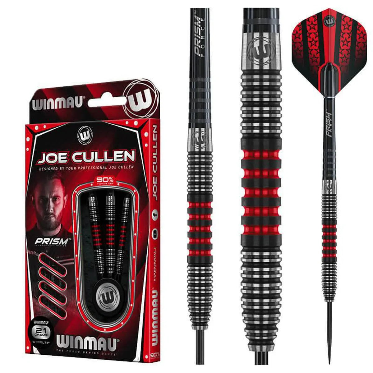 Joe Cullen 90% tungsten darts set in retail packaging and isolated on white, showing precise grip rings and red-black dart barrel design