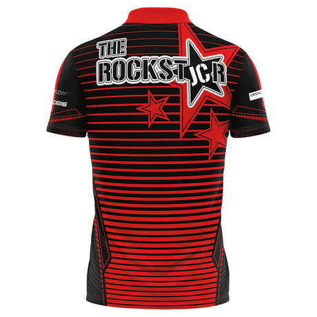 Back view of Joe Cullen darts shirt with red and black stripes, star design, and moisture-wicking sports fabric.