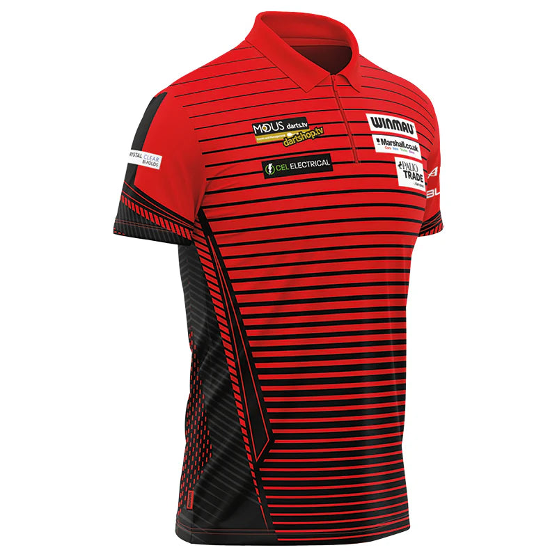 Angled view of Joe Cullen darts shirt with sponsor patches, red and black stripes, moisture-wicking fabric, isolated on white background