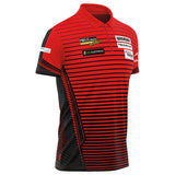 Angled view of Joe Cullen darts shirt with sponsor patches, red and black stripes, moisture-wicking fabric, isolated on white background