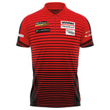 Red and black striped Joe Cullen darts shirt with sponsor logos, full front view on white background, moisture-wicking design