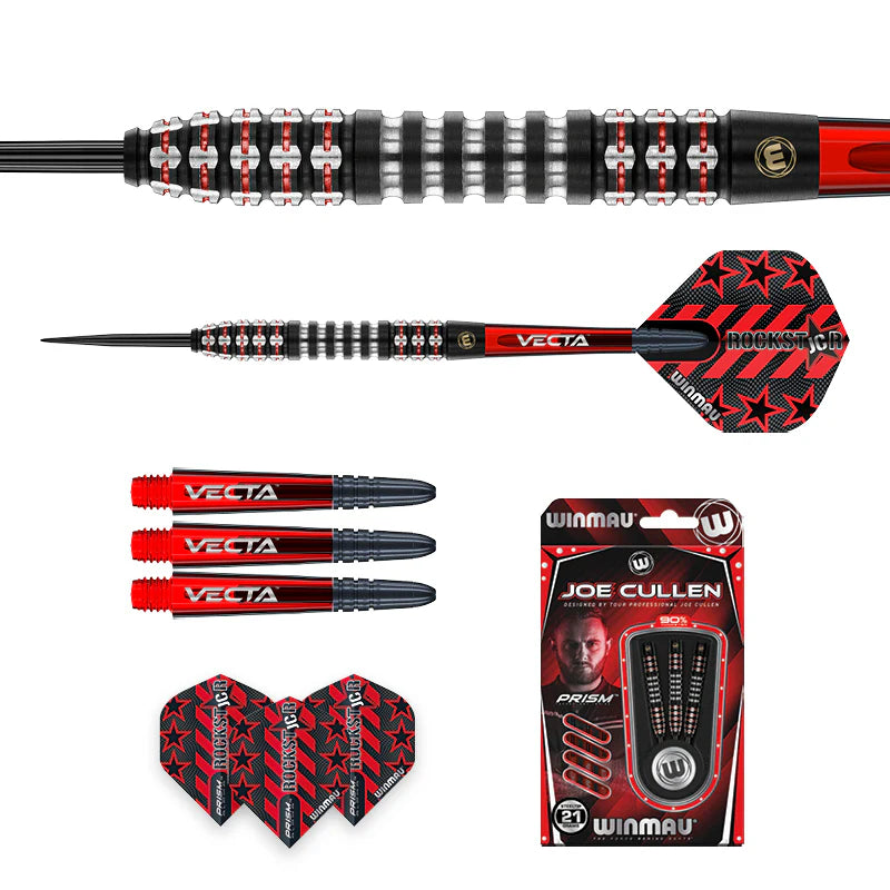 Full dart set with close-up barrel grip, spare shafts, flights, and retail packaging for 90% tungsten steel tip darts