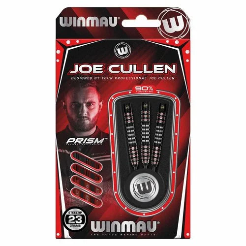 Joe Cullen Ignition Series 90% tungsten darts in retail packaging, three steel tip darts with black and red barrels, 23g weight, extra flights