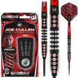 Joe Cullen Ignition 90% tungsten darts in retail packaging with close-up views highlighting black and red ringed grip barrel texture and flights