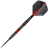 Full dart angled view on white background showing knurled tungsten barrel grip, black steel tip, patterned flight, and red accents