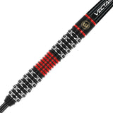 Close-up of tungsten dart barrel with precision grip, red and black rings, detailed knurling, ideal for dart players seeking strong control