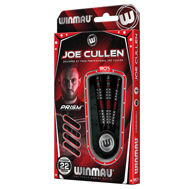 Angled view of Joe Cullen SE 90% tungsten darts in retail packaging, showing three steel tip darts with knurled barrels