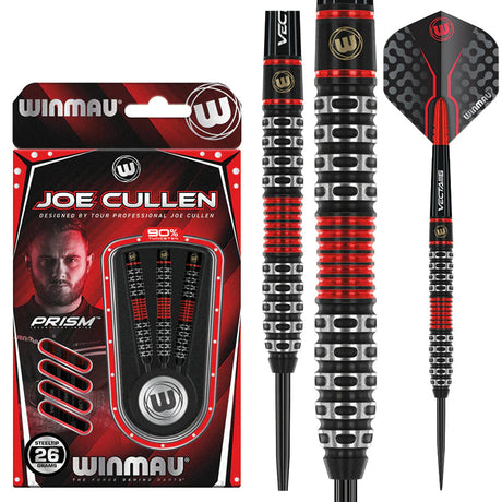 Joe Cullen SE 90% tungsten darts in retail box with close-up of black and red ringed barrels and precision grip pattern