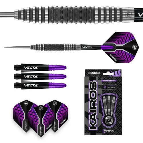 Composite showing close-up of tungsten dart barrel, full assembled dart, shafts, flights, and Kairos darts retail box on white background