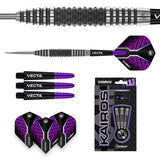 Composite showing close-up of tungsten dart barrel, full assembled dart, shafts, flights, and Kairos darts retail box on white background