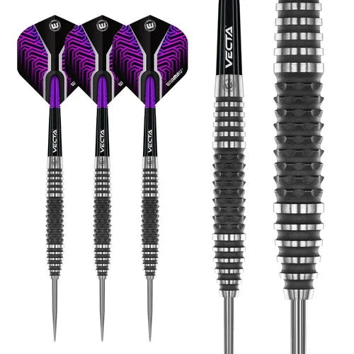 Set of three long 90% tungsten darts with purple flights shown on white, featuring close-up of knurled barrel grip texture