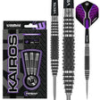 Steel tip tungsten darts set with ripsaw grip barrels, purple and black flights, close-up of grip detail, and retail packaging